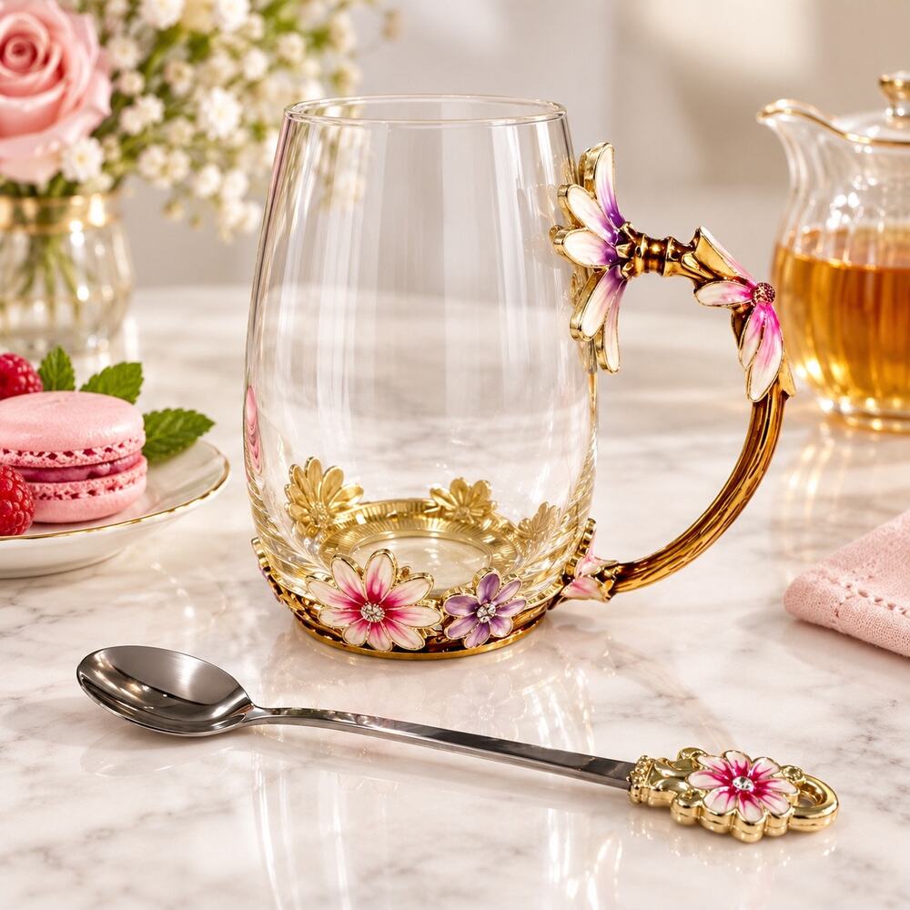 Vintage ARC France 12 Oz Glass Mug Spoon Jeweled Floral Enamel Gold Pink Purple
